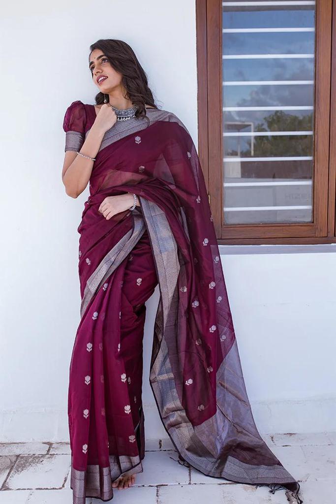 Divine Wine Color Cotton Linen Silk Saree With Blouse Piece