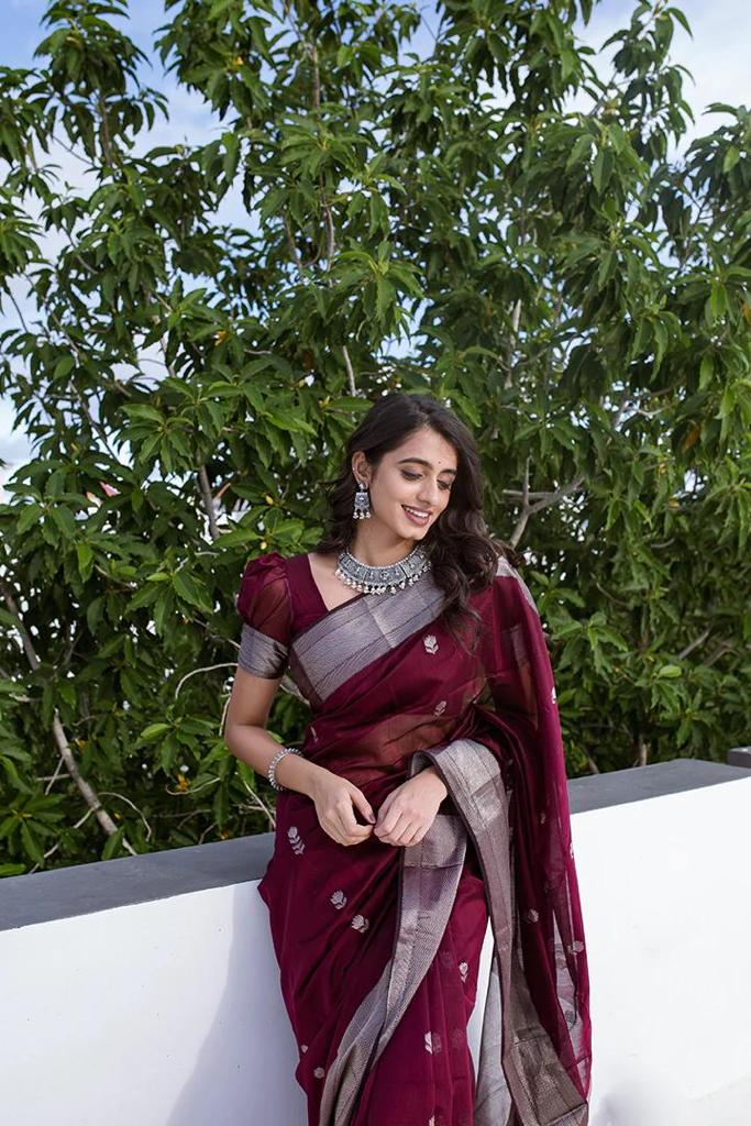 Divine Wine Color Cotton Linen Silk Saree With Blouse Piece