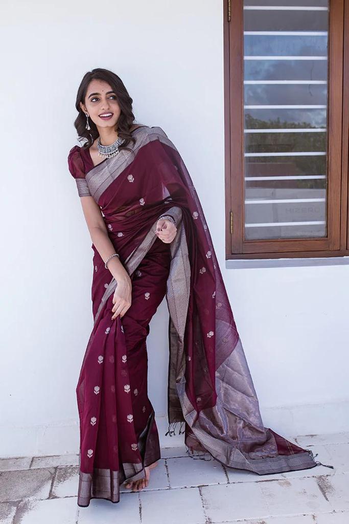 Divine Wine Color Cotton Linen Silk Saree With Blouse Piece