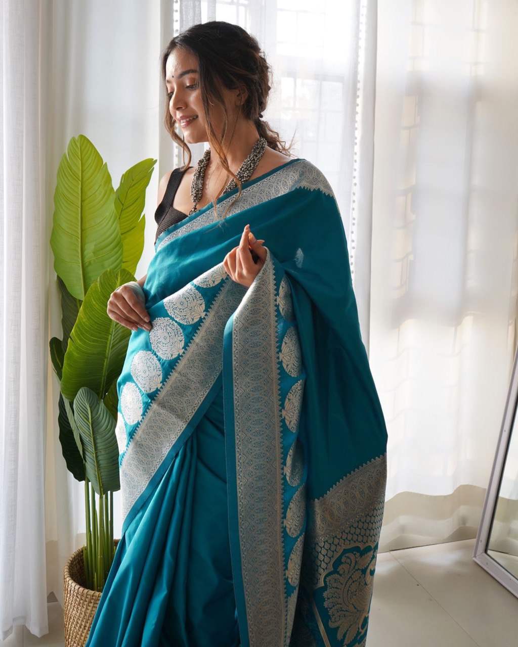 Majestic Firozi Color Soft Lichi Silk Saree With Blouse Piece