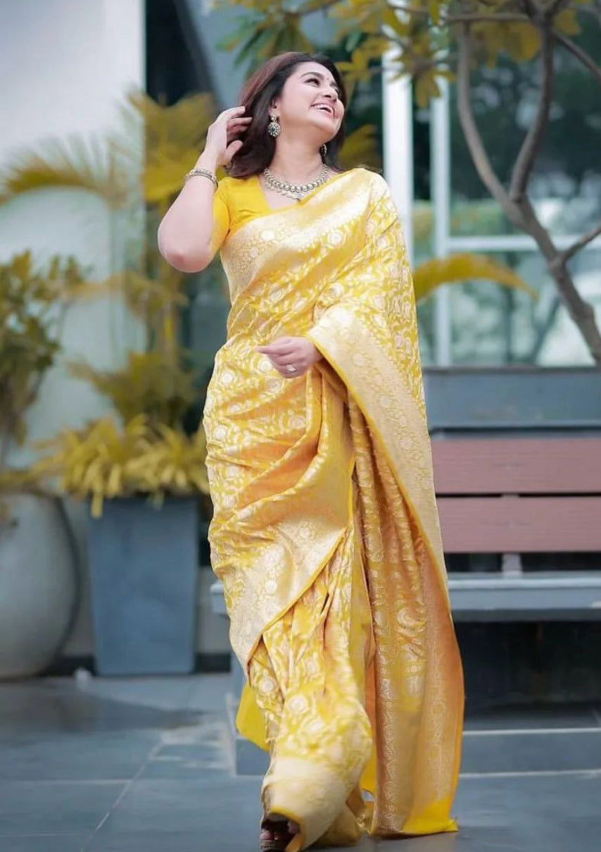 Whimsical Yellow Color Soft Lichi Silk Saree With Blouse Piece