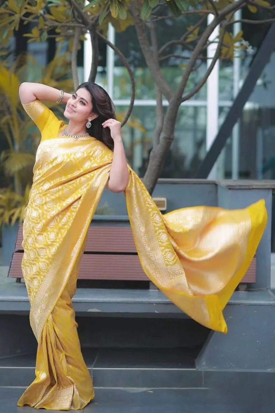 Whimsical Yellow Color Soft Lichi Silk Saree With Blouse Piece