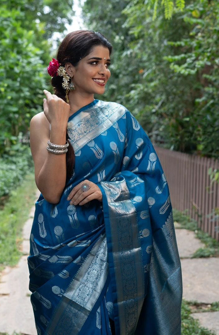 Regal Blue Color Soft Lichi Silk Saree With Blouse Piece