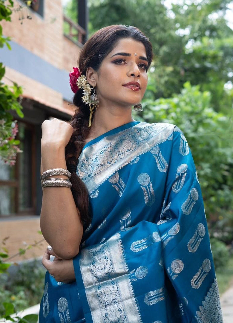 Regal Blue Color Soft Lichi Silk Saree With Blouse Piece