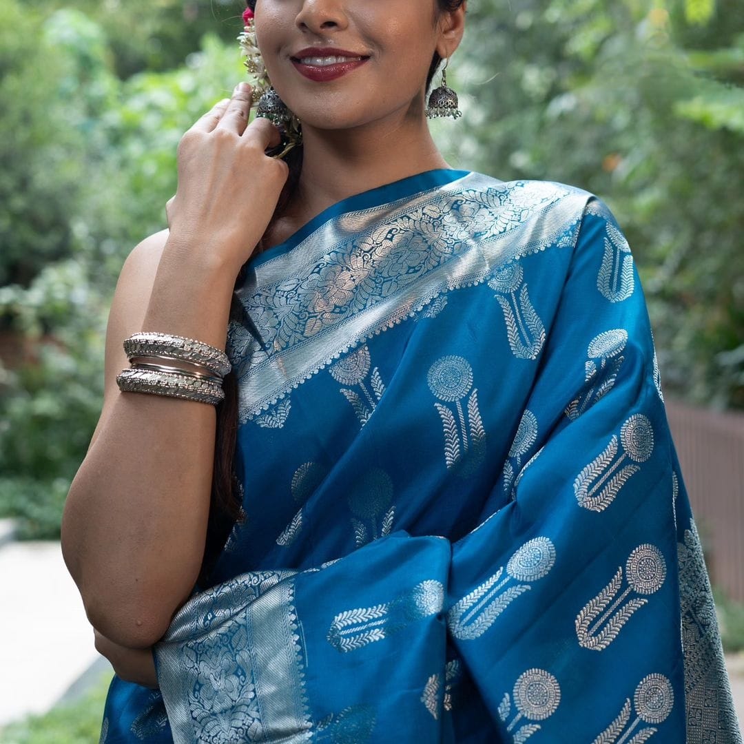 Regal Blue Color Soft Lichi Silk Saree With Blouse Piece