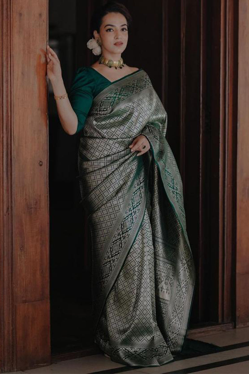 Whimsical Green Color Soft Lichi Silk Saree With Blouse Piece