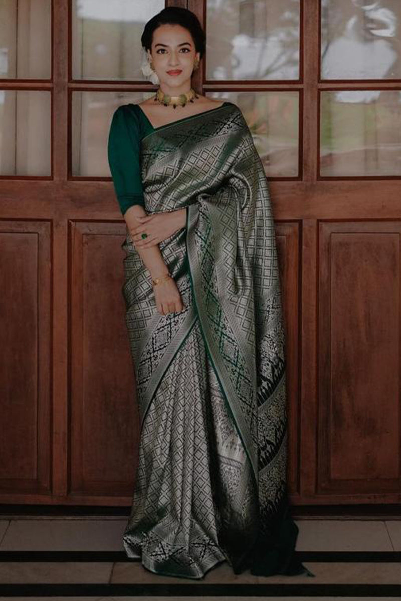 Whimsical Green Color Soft Lichi Silk Saree With Blouse Piece