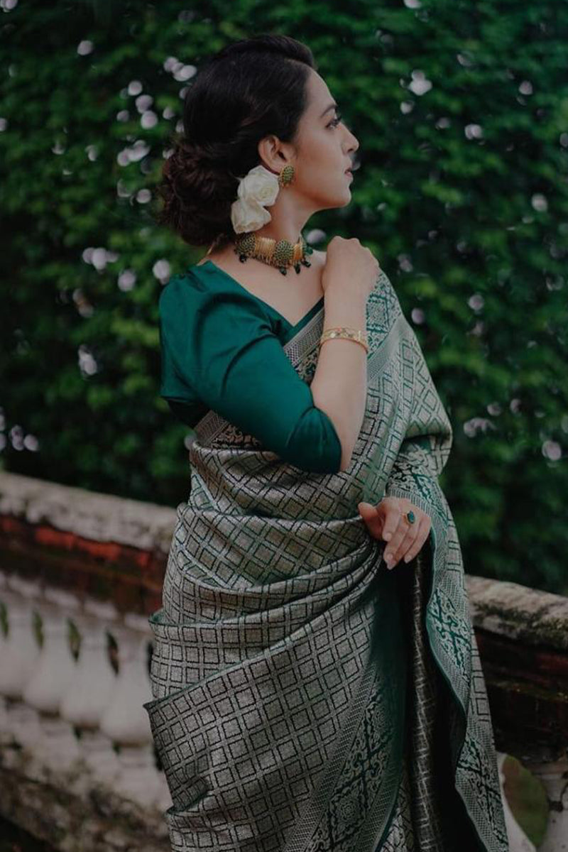 Whimsical Green Color Soft Lichi Silk Saree With Blouse Piece