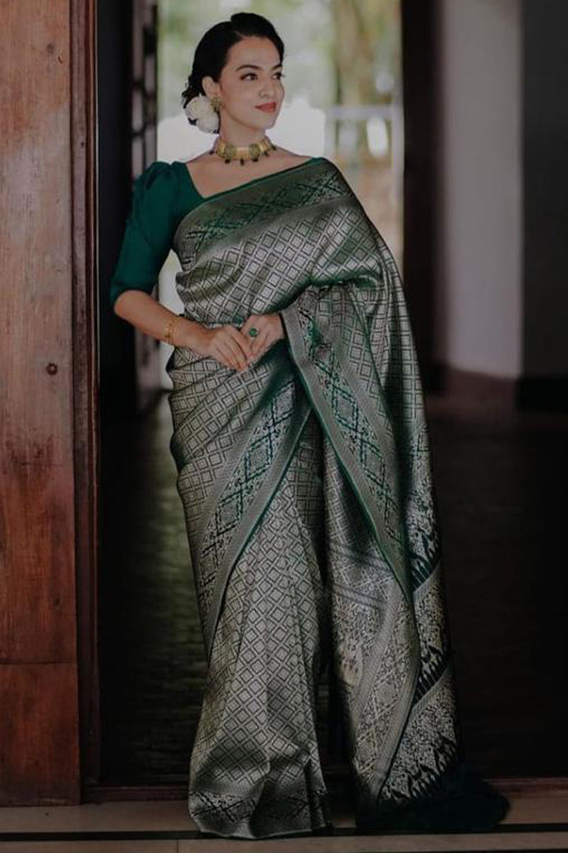 Whimsical Green Color Soft Lichi Silk Saree With Blouse Piece