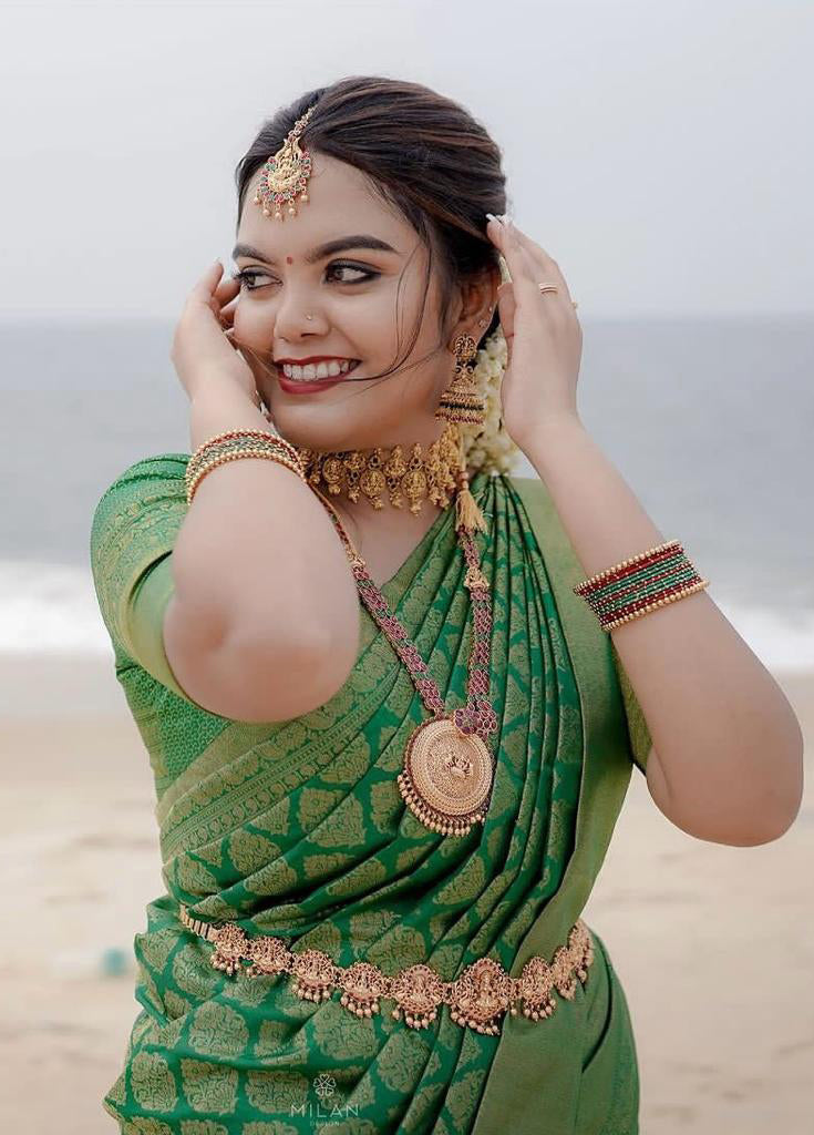 Smoldering Green Color Soft Lichi Silk Saree With Blouse Piece