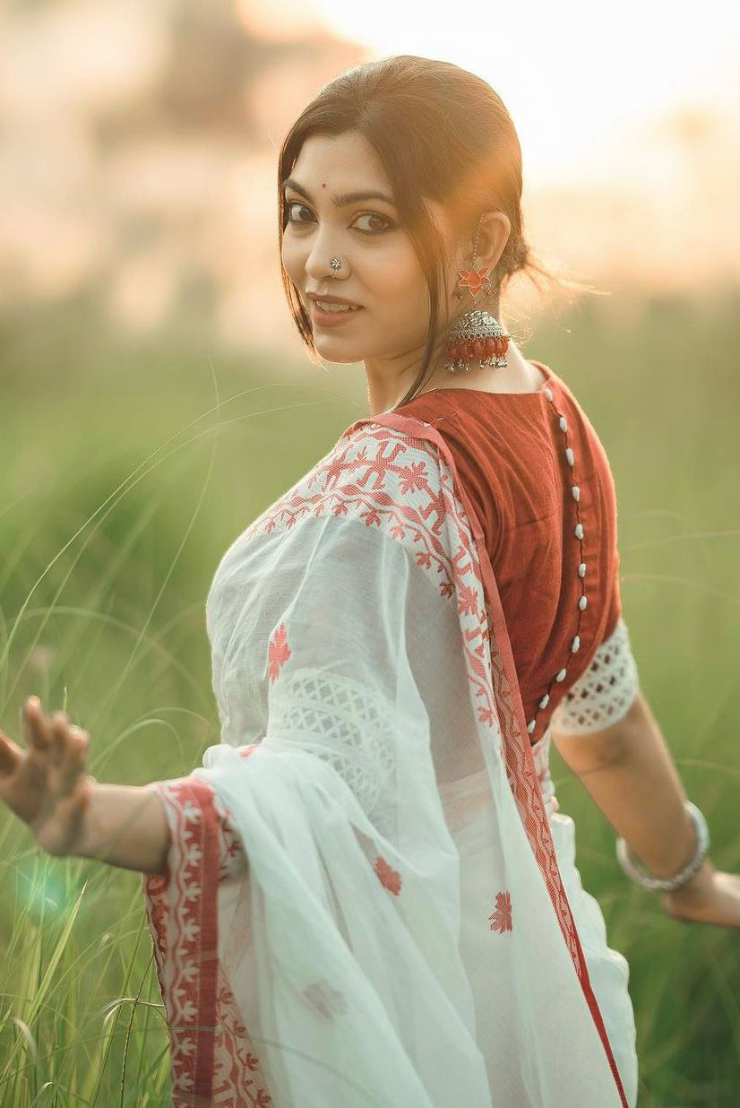 Radiant White Color Cotton Linen Silk Saree With Blouse Piece