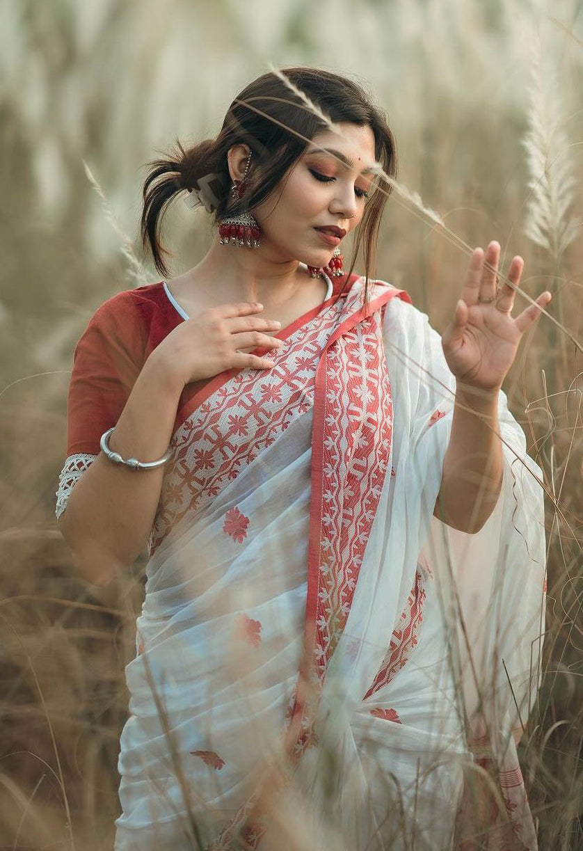 Radiant White Color Cotton Linen Silk Saree With Blouse Piece