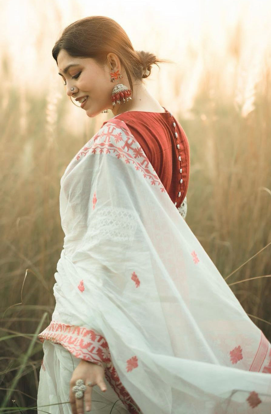 Radiant White Color Cotton Linen Silk Saree With Blouse Piece