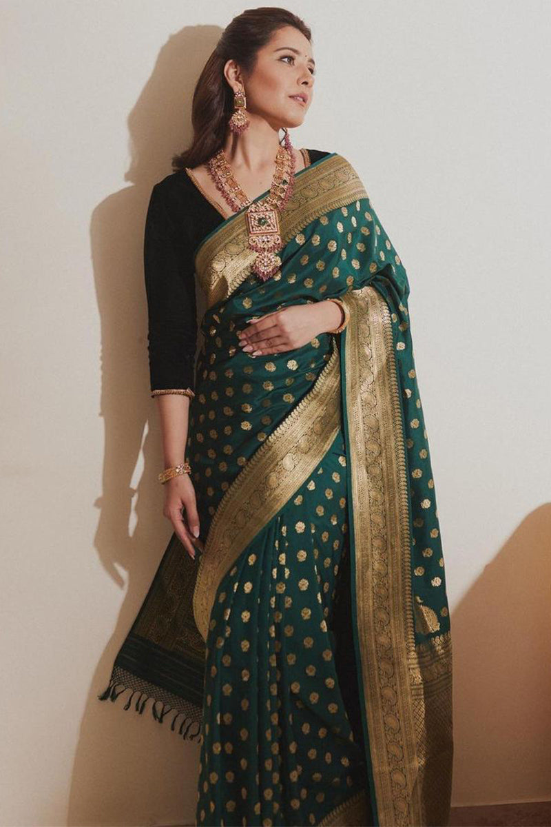 Thrilling Dark Green Color Soft Lichi Silk Saree With Blouse Piece