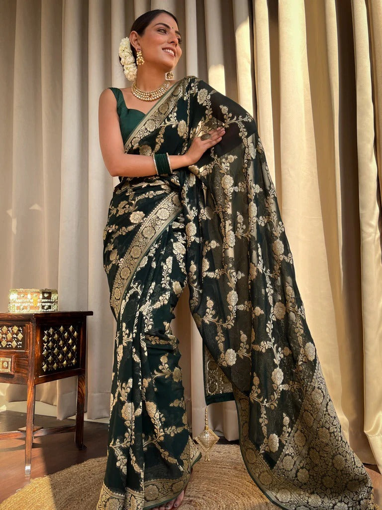 Tranquil Dark Green Color Soft Lichi Silk Saree With Blouse Piece