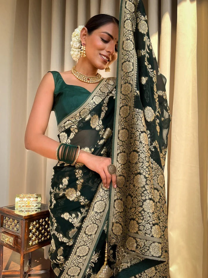 Tranquil Dark Green Color Soft Lichi Silk Saree With Blouse Piece