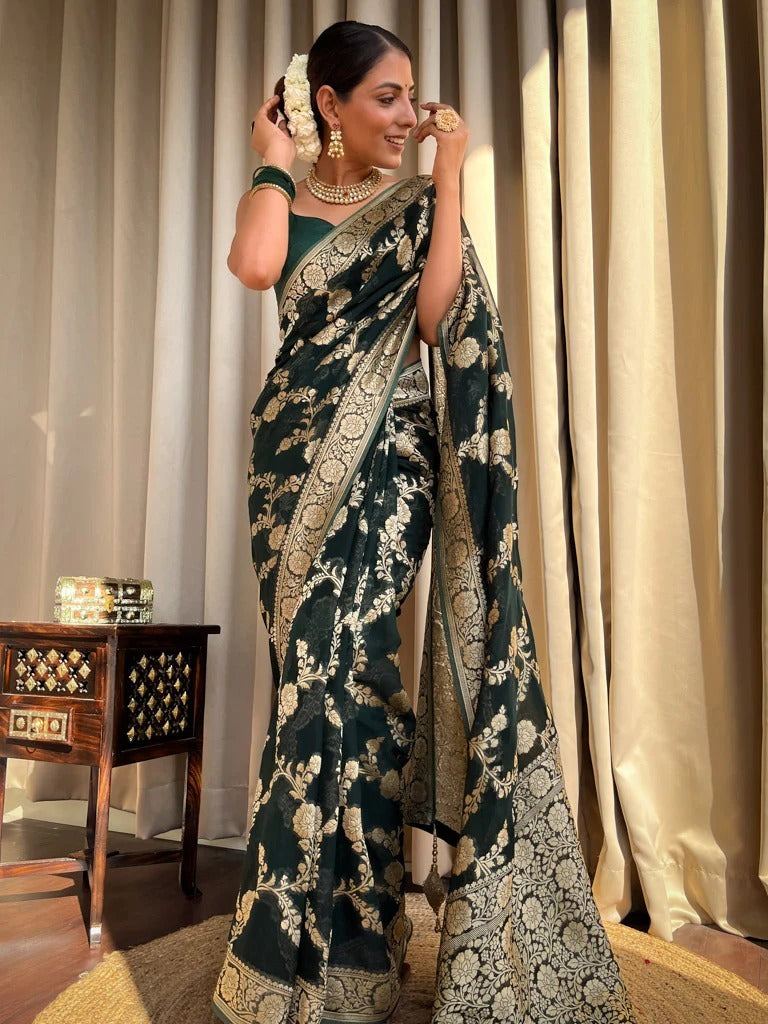 Tranquil Dark Green Color Soft Lichi Silk Saree With Blouse Piece