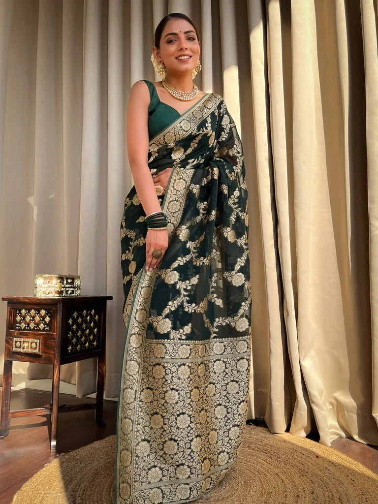 Tranquil Dark Green Color Soft Lichi Silk Saree With Blouse Piece