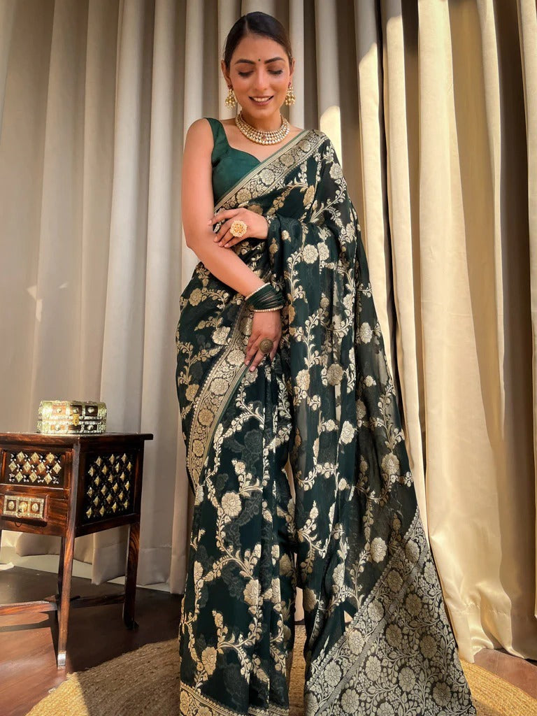 Tranquil Dark Green Color Soft Lichi Silk Saree With Blouse Piece