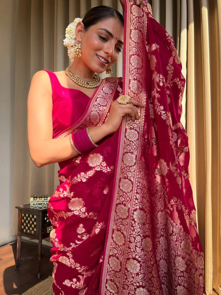 Temptation Dark Pink Color Soft Lichi Silk Saree With Blouse Piece