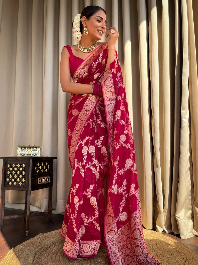 Temptation Dark Pink Color Soft Lichi Silk Saree With Blouse Piece