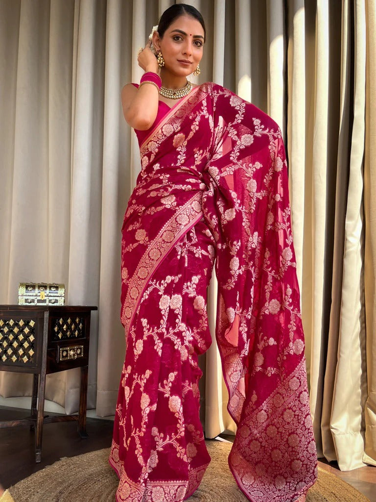 Temptation Dark Pink Color Soft Lichi Silk Saree With Blouse Piece