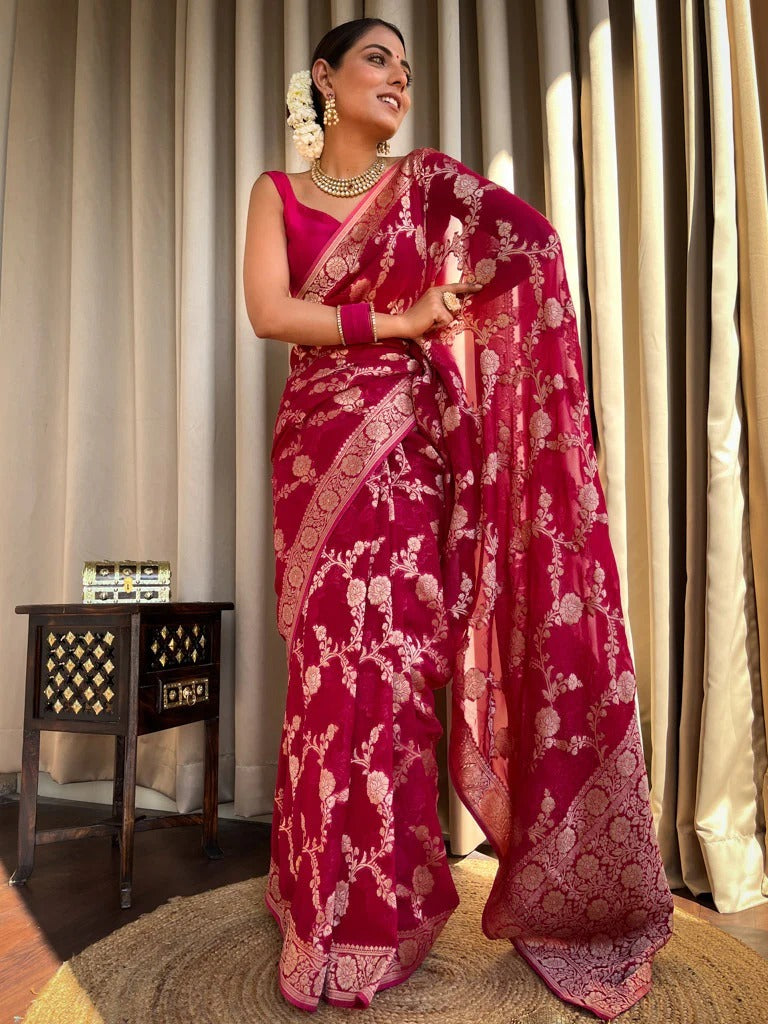 Temptation Dark Pink Color Soft Lichi Silk Saree With Blouse Piece