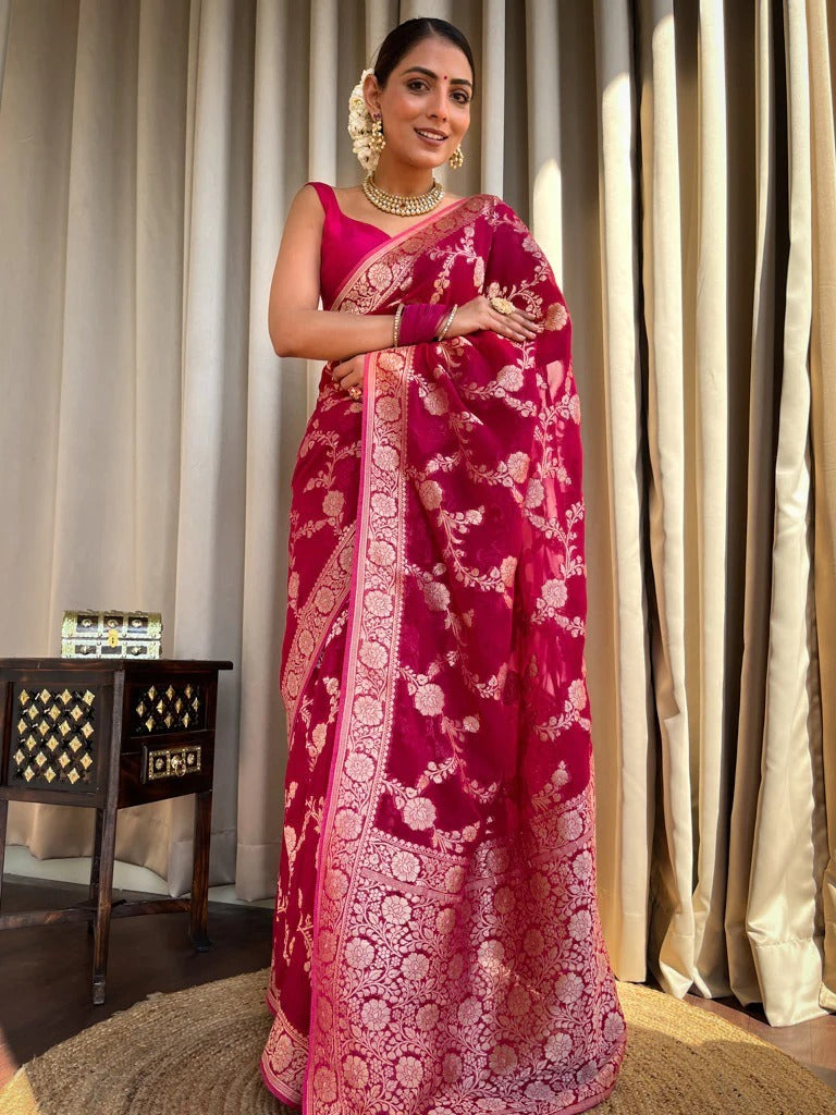 Temptation Dark Pink Color Soft Lichi Silk Saree With Blouse Piece