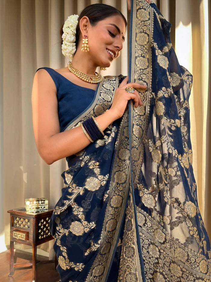 Halcyon Navy Blue Color Soft Lichi Silk Saree With Blouse Piece