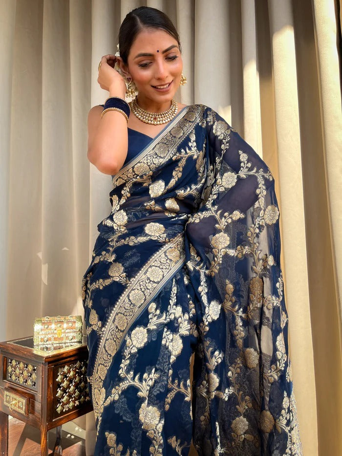 Halcyon Navy Blue Color Soft Lichi Silk Saree With Blouse Piece