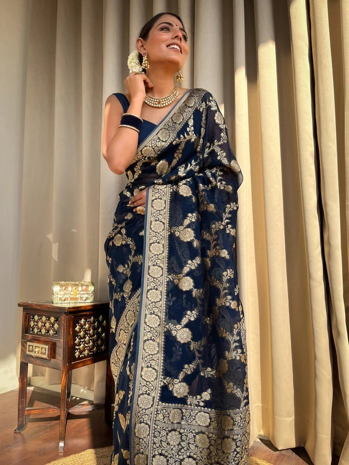 Halcyon Navy Blue Color Soft Lichi Silk Saree With Blouse Piece