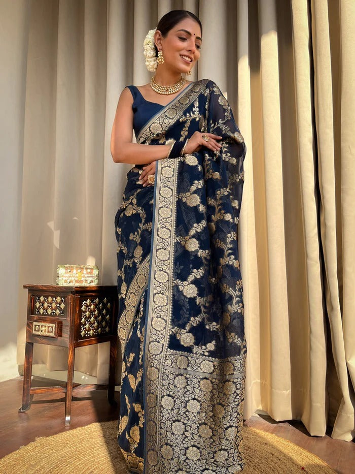 Halcyon Navy Blue Color Soft Lichi Silk Saree With Blouse Piece