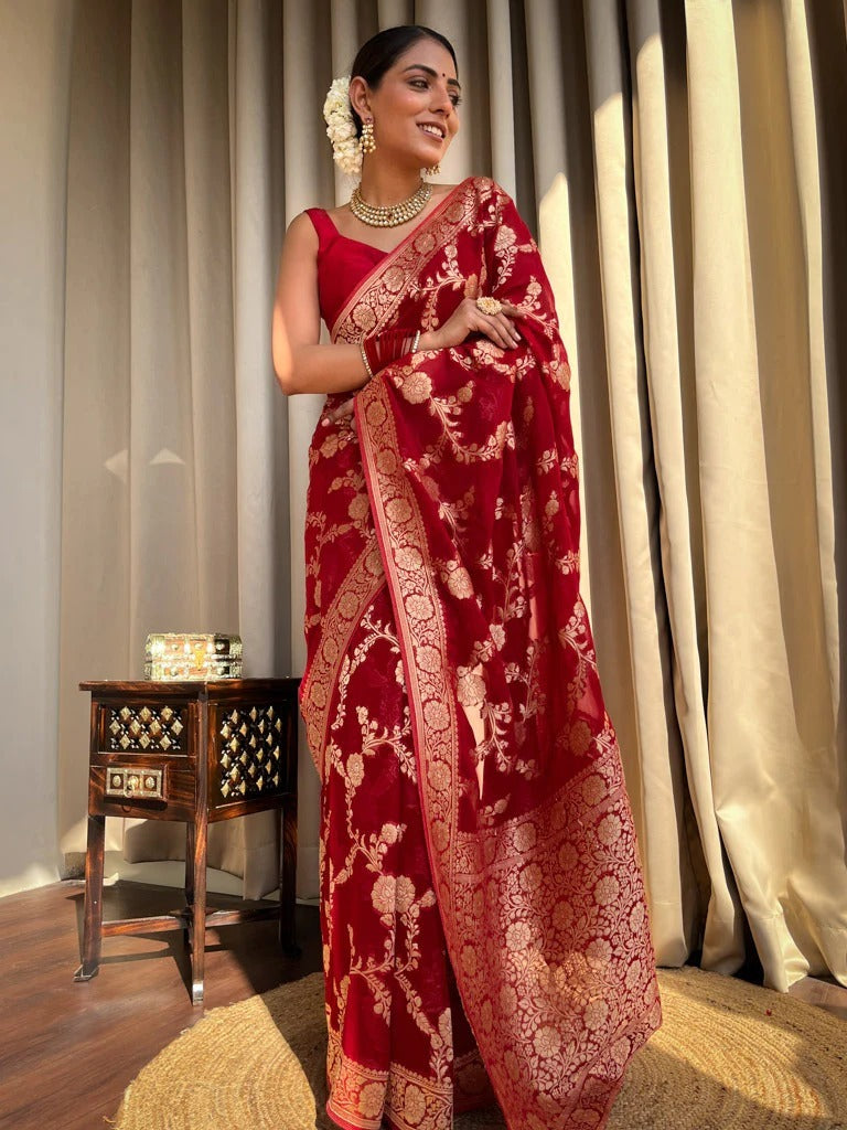 Spellbinding Red Color Soft Lichi Silk Saree With Blouse Piece