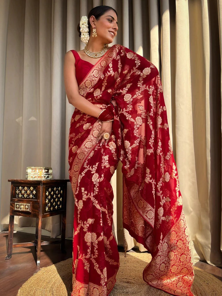 Spellbinding Red Color Soft Lichi Silk Saree With Blouse Piece