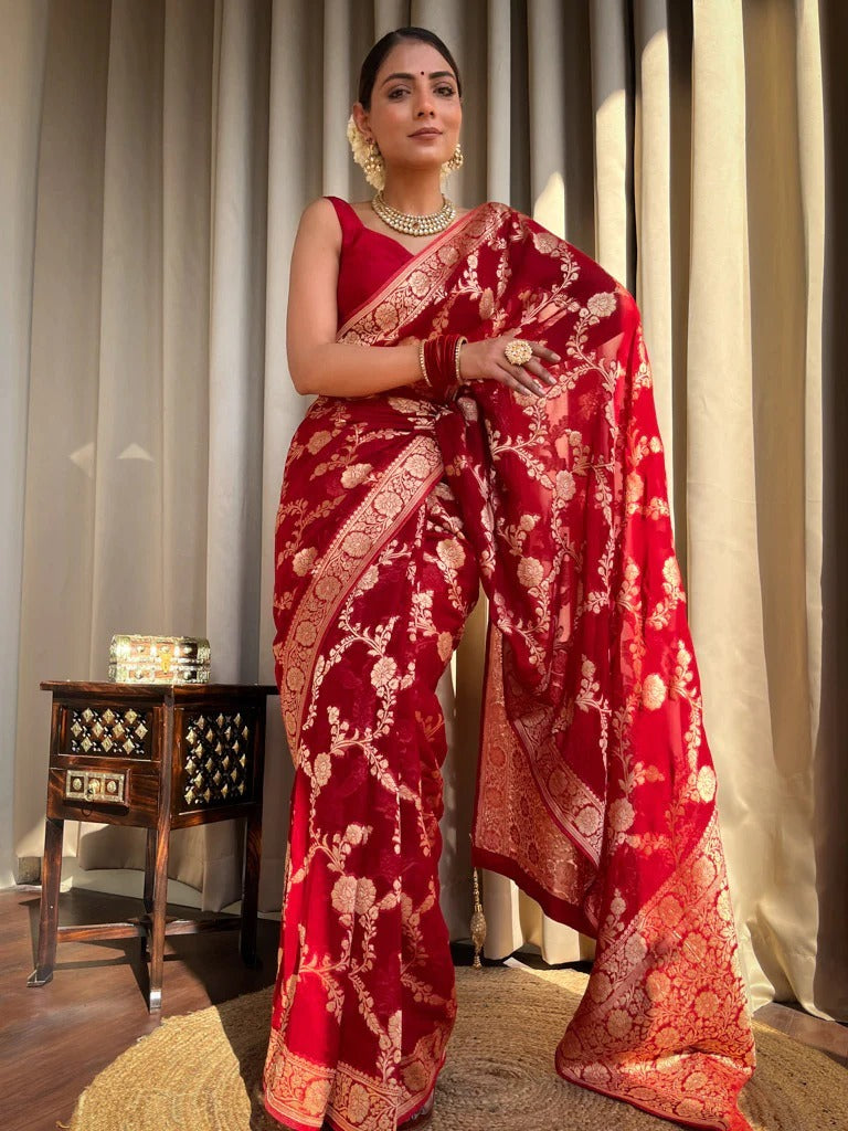 Spellbinding Red Color Soft Lichi Silk Saree With Blouse Piece