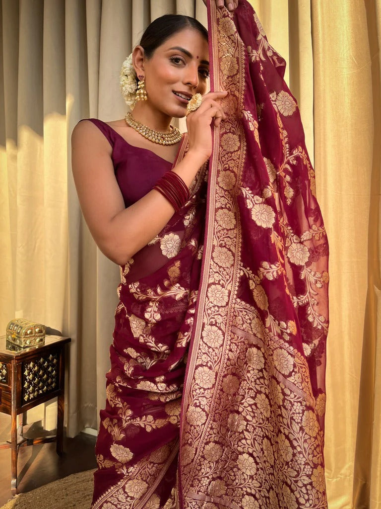 Exquisite Wine Color Soft Lichi Silk Saree With Blouse Piece