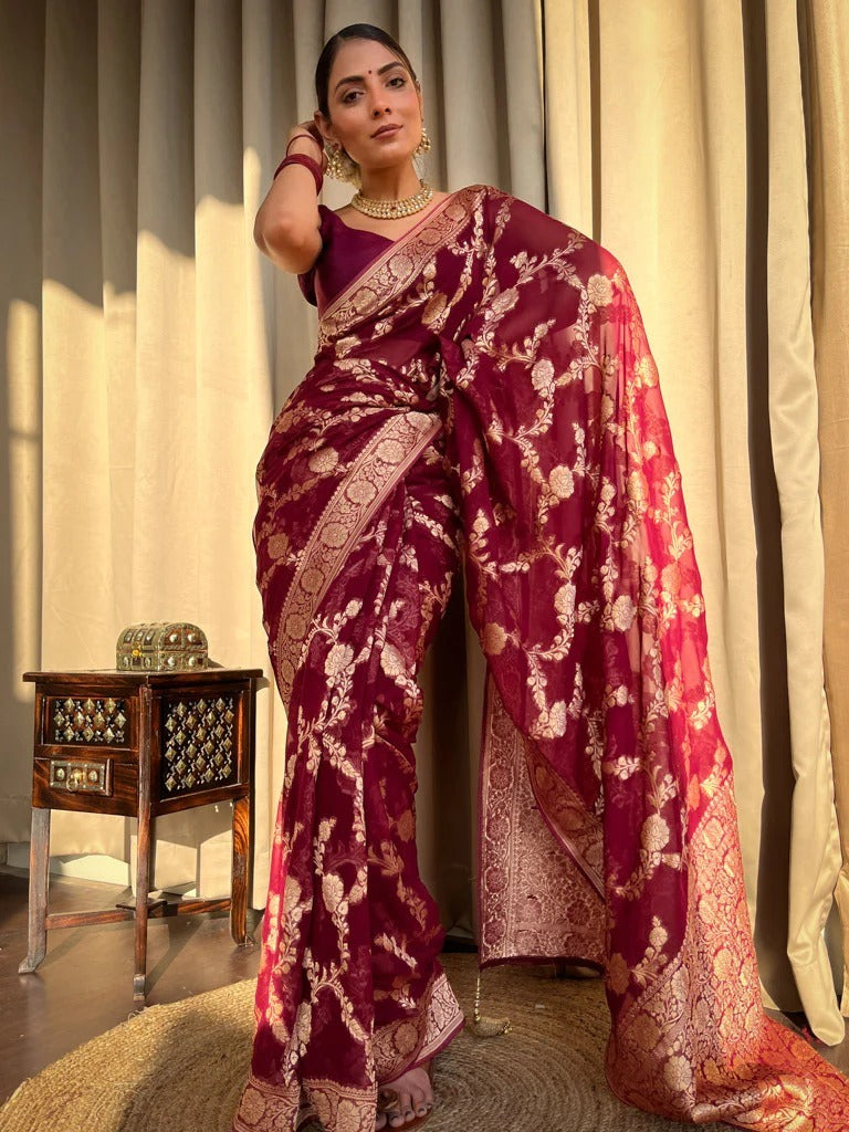 Exquisite Wine Color Soft Lichi Silk Saree With Blouse Piece