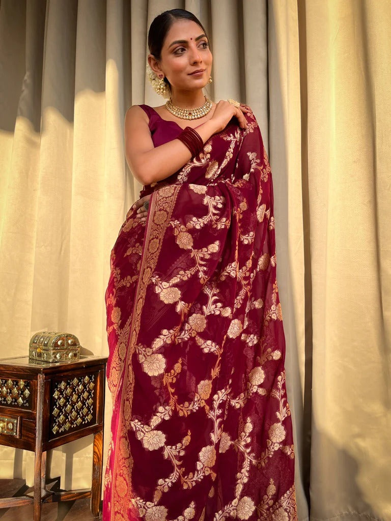 Exquisite Wine Color Soft Lichi Silk Saree With Blouse Piece