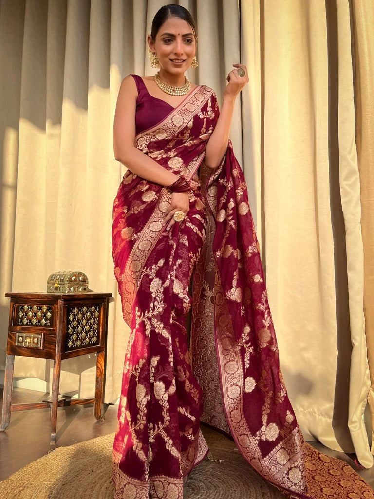 Exquisite Wine Color Soft Lichi Silk Saree With Blouse Piece