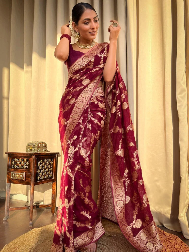 Exquisite Wine Color Soft Lichi Silk Saree With Blouse Piece