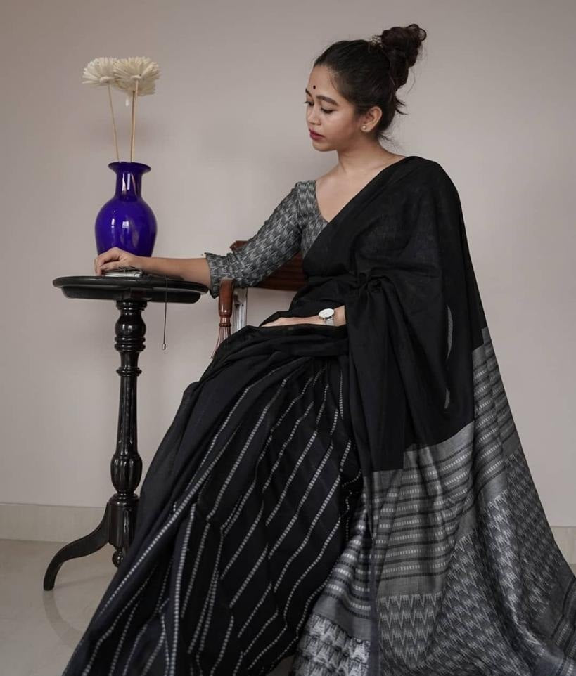 Intense Black Color Soft Lichi Silk Saree With Blouse Piece