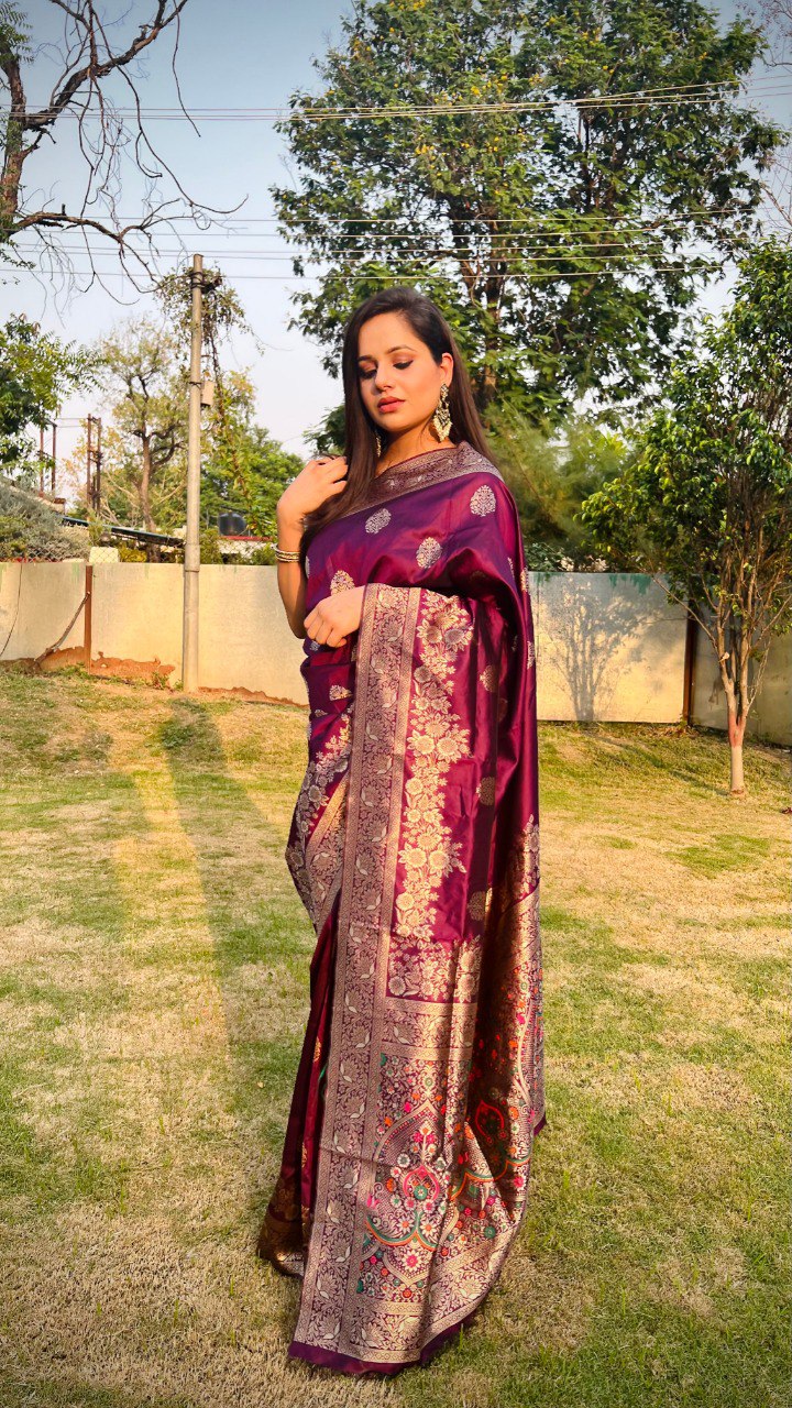 Graceful Wine Color Soft Lichi Silk Saree With Blouse Piece