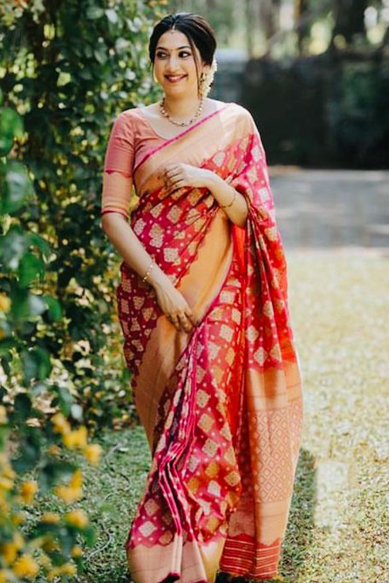 Appealing Red Color Soft Lichi Silk Saree With Blouse Piece