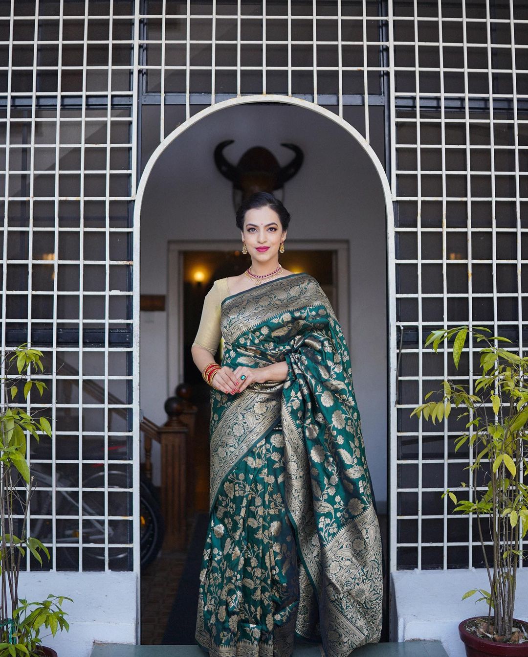 Glinting Dark Green Color Soft Lichi Silk Saree With Blouse Piece