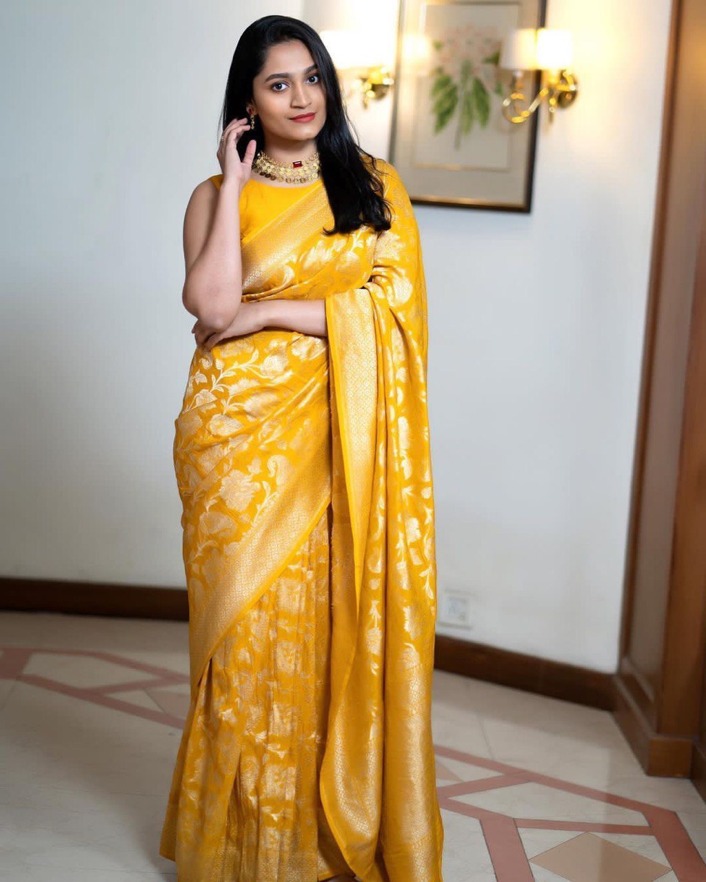 Opulent Yellow Color Soft Lichi Silk Saree With Blouse Piece