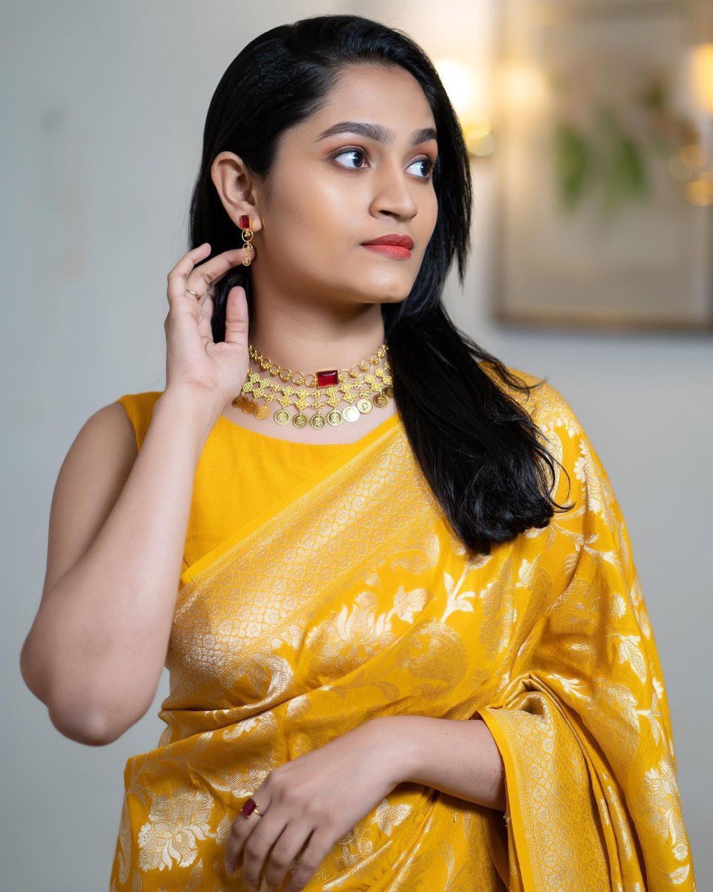 Opulent Yellow Color Soft Lichi Silk Saree With Blouse Piece