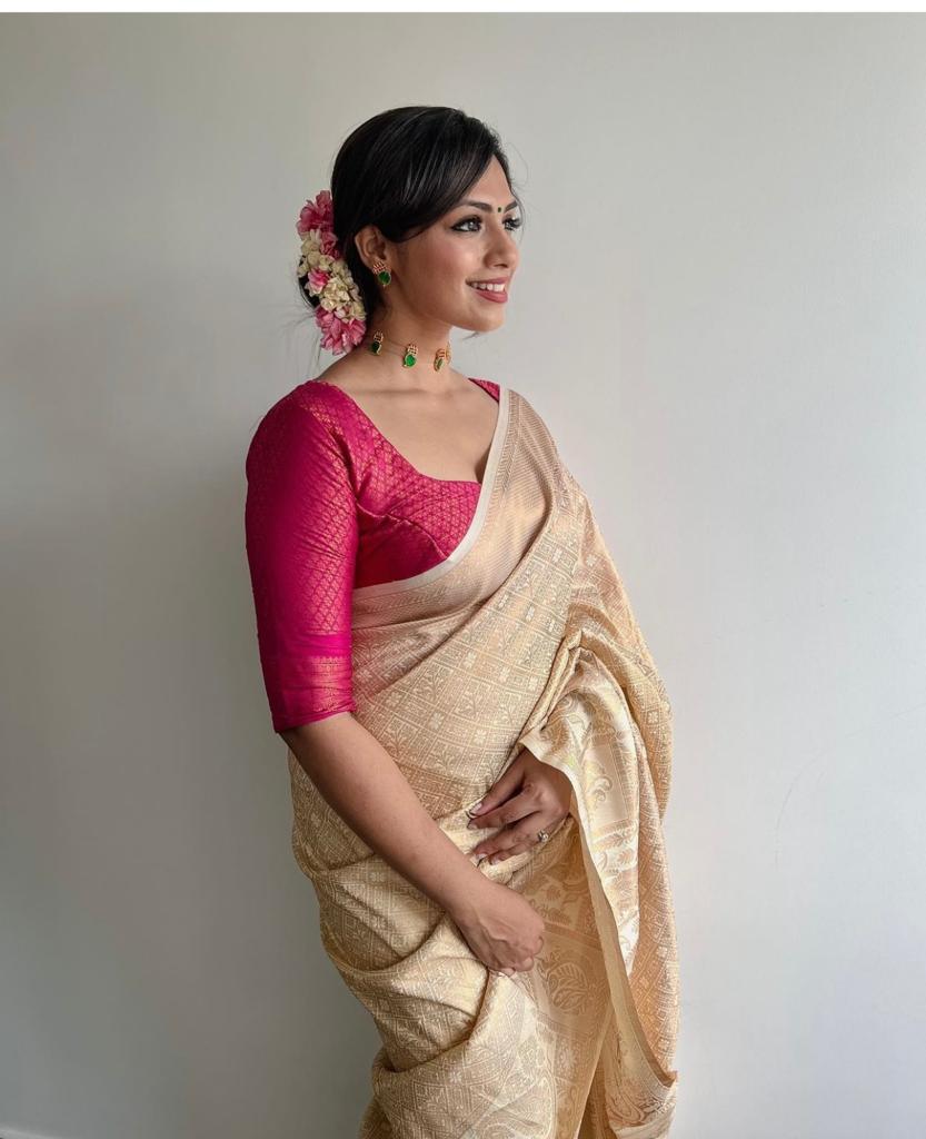 Charismatic Beige Color Soft Lichi Silk Saree With Blouse Piece