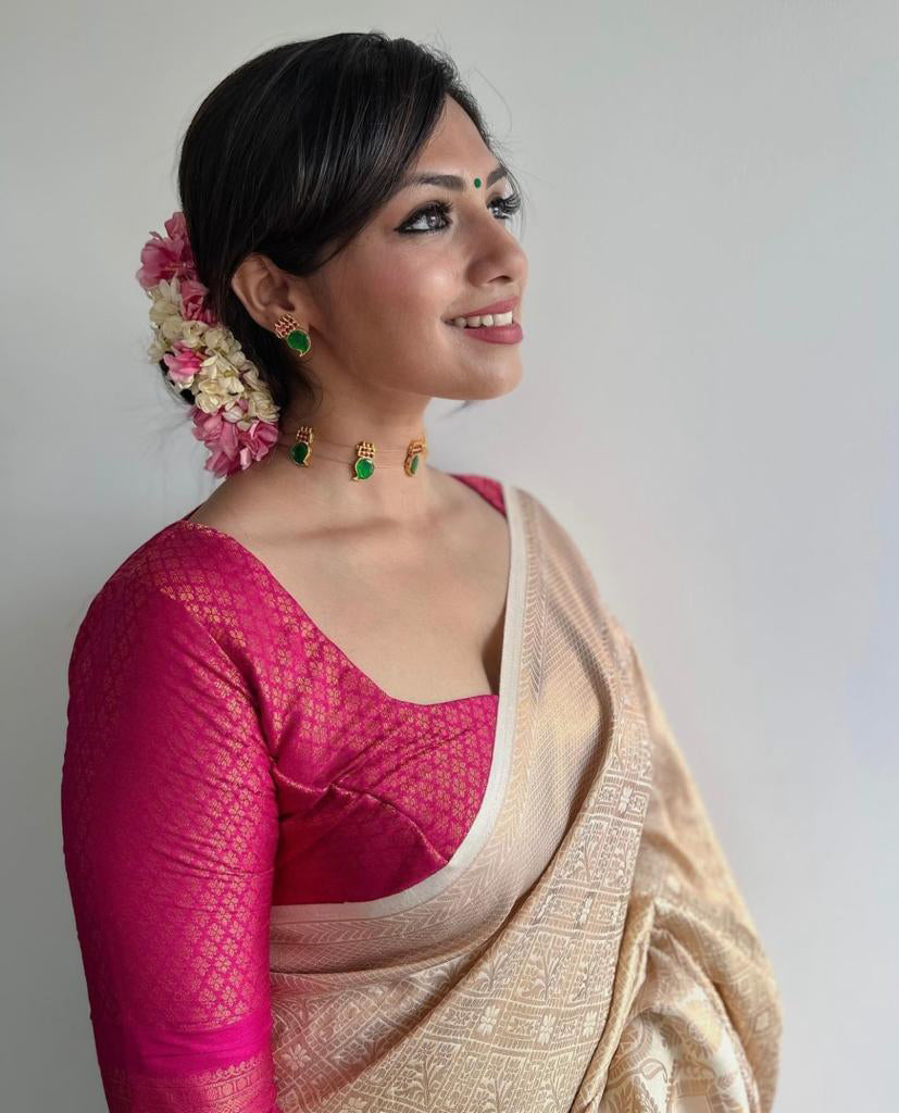 Charismatic Beige Color Soft Lichi Silk Saree With Blouse Piece