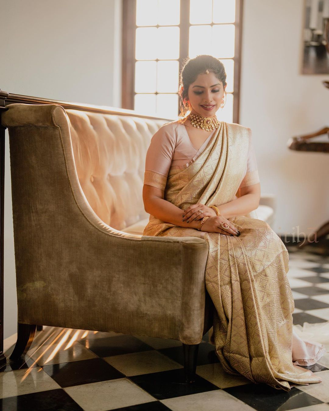 Delightful Beige Color Soft Lichi Silk Saree With Blouse Piece