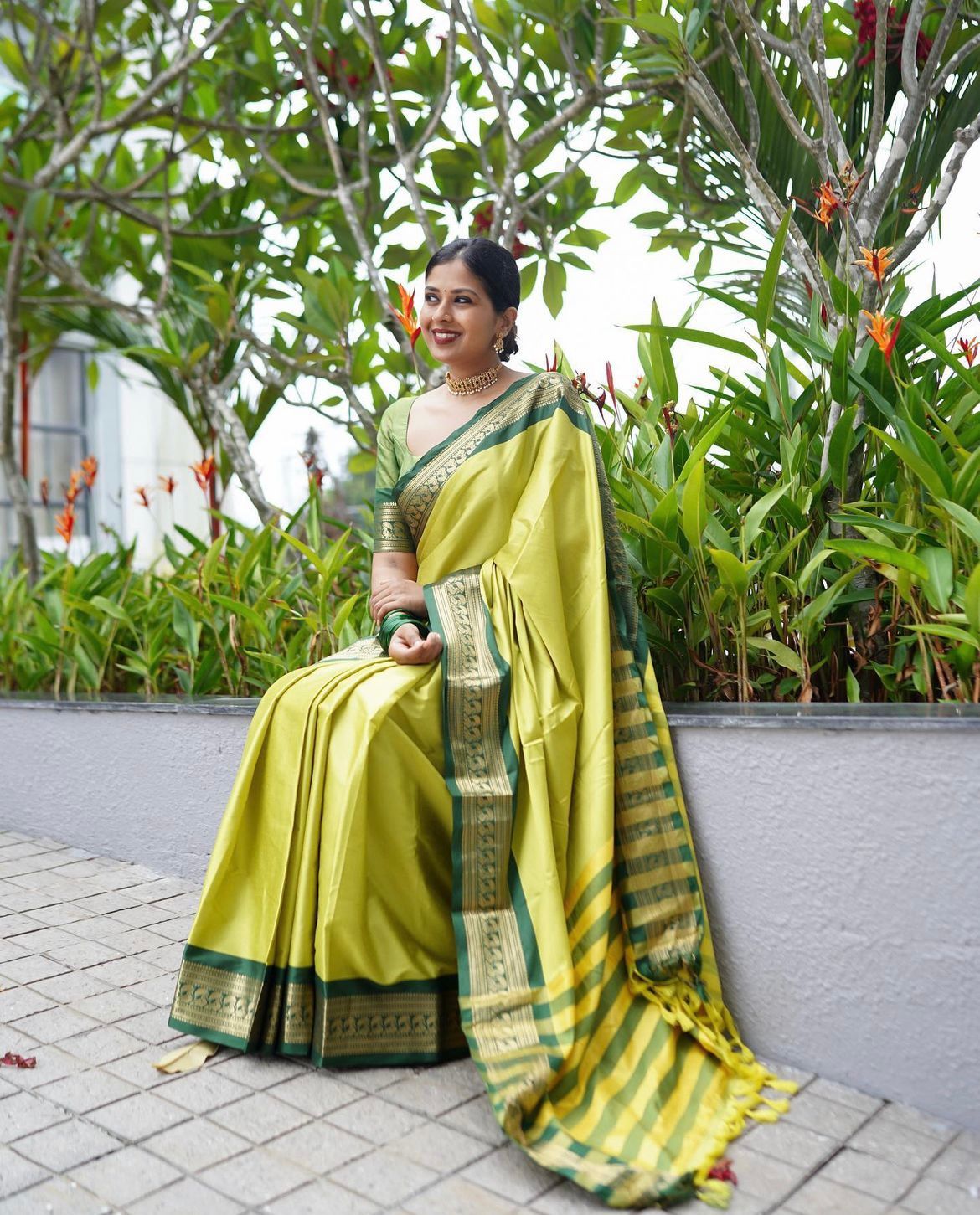 Angelic Parrot Green Color Soft Lichi Silk Saree With Blouse Piece